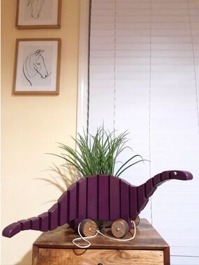 vintage 30" long 1970s wooden handmade dinosaur pull toy